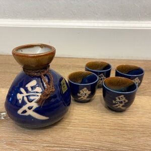 Kafuh Japan 5 Pc Sake Set Blue Ceramic Tokkuri Carafe 4 Cups Kanji